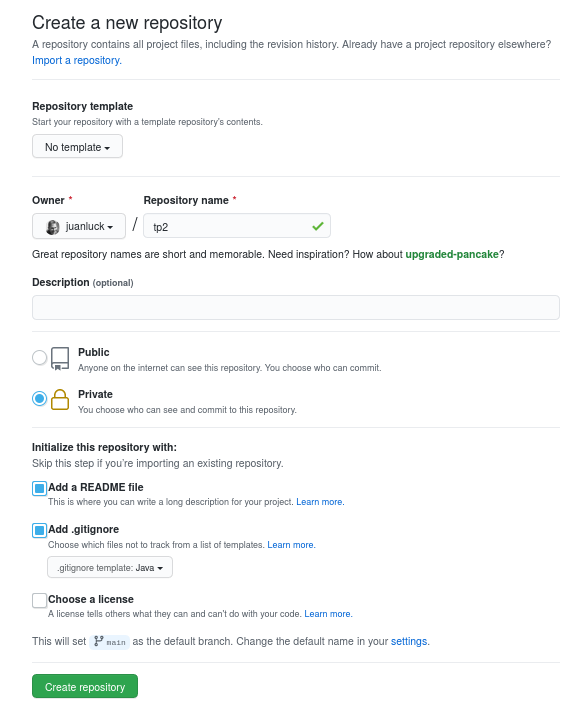 Create repository tp2 in github